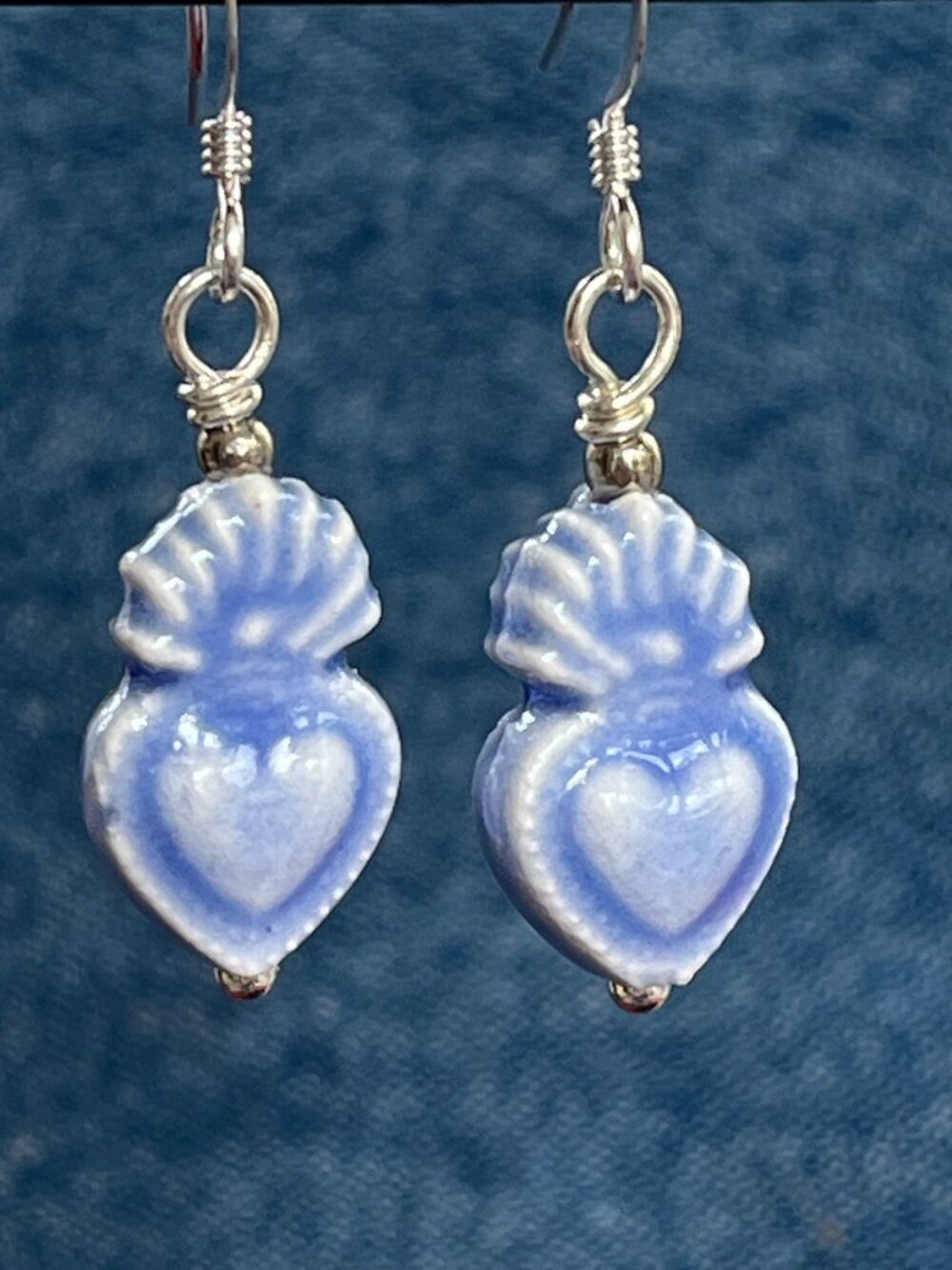 Blue Sacred Heart Ceramic Dangle Earrings, Milagro, Ex-Voto, Small Earrings